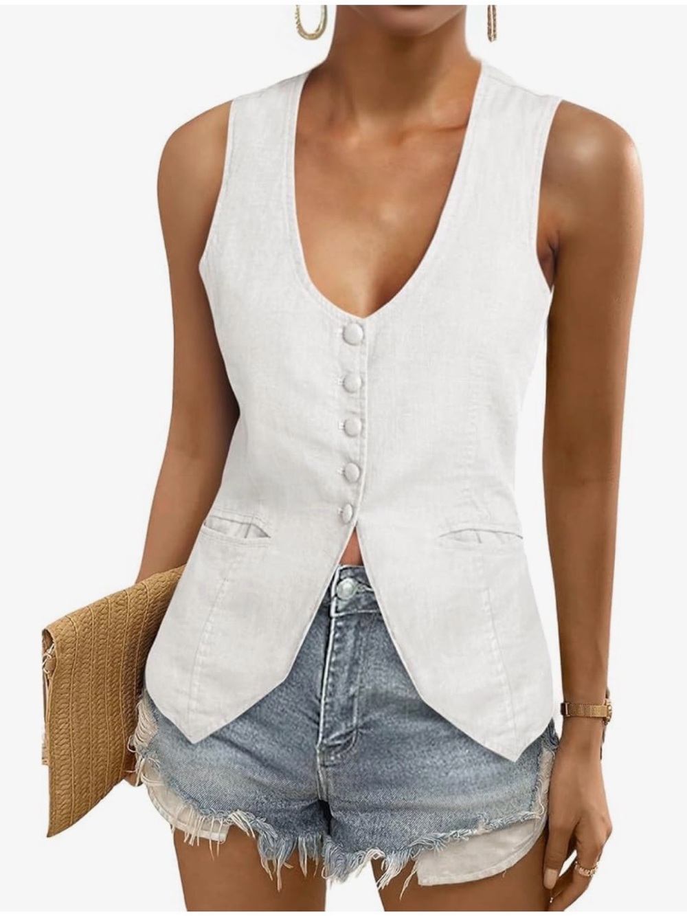 Women's White Sleeveless V-Neck Button Front Tank Top